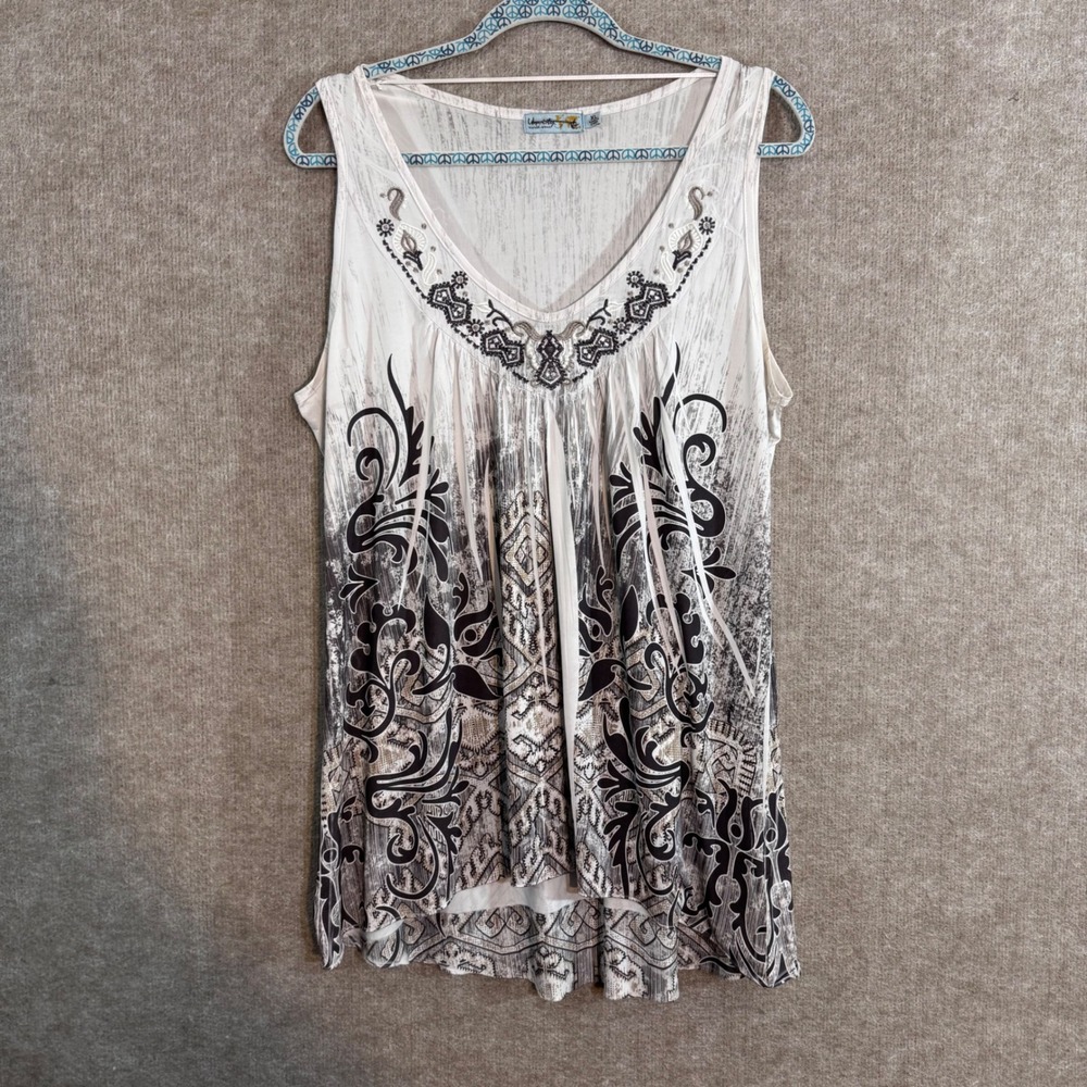 Unity World Wear Tank Top Womens XL Gray Boho Embroidered V-Neck High Low Hem